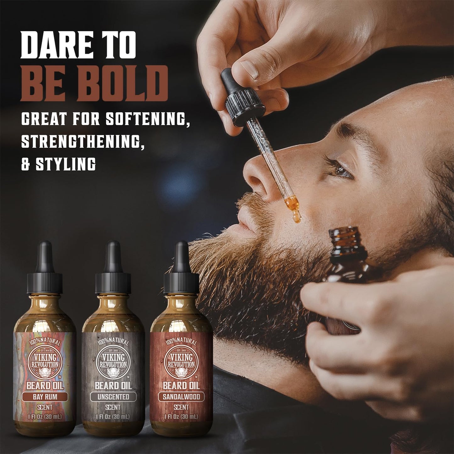Viking Revolution Beard Oil - Natural Conditioning & Moisturizing Set | 3 Scents: Sandalwood, Unscented, Bay Rum (1oz Each)