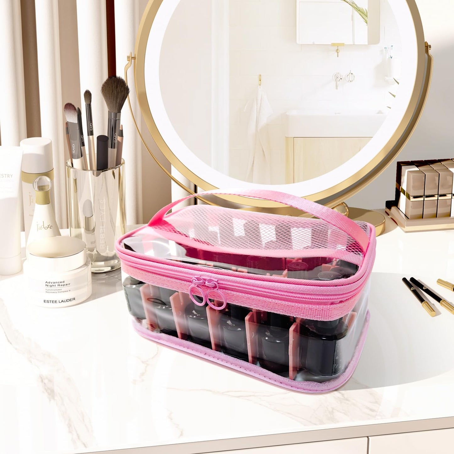 Clear Nail Polish Organizer, Nail Supplies Organizer, Holds 24 Bottles of Nail Polish PVC Nail Polish Organizer Case with Attached Nail Tool Organizer, Portable Travel Nail Technique Organizer (Pink)