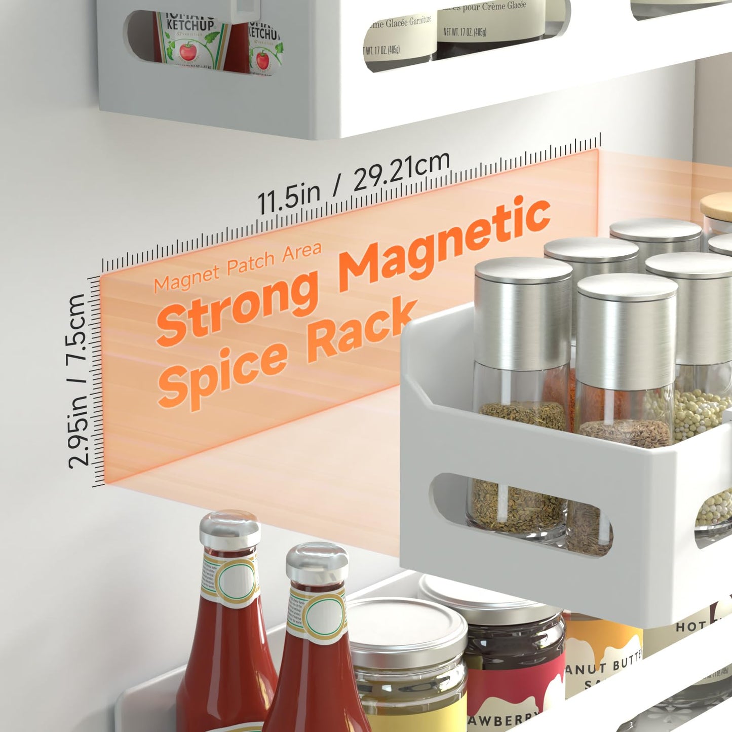 4 Pack Strong Magnetic Spice Rack for Refrigerator, Multipurpose Magnetic Shelf for Fridge with 4 Hooks for kitchen and Bathroom Organization, Black