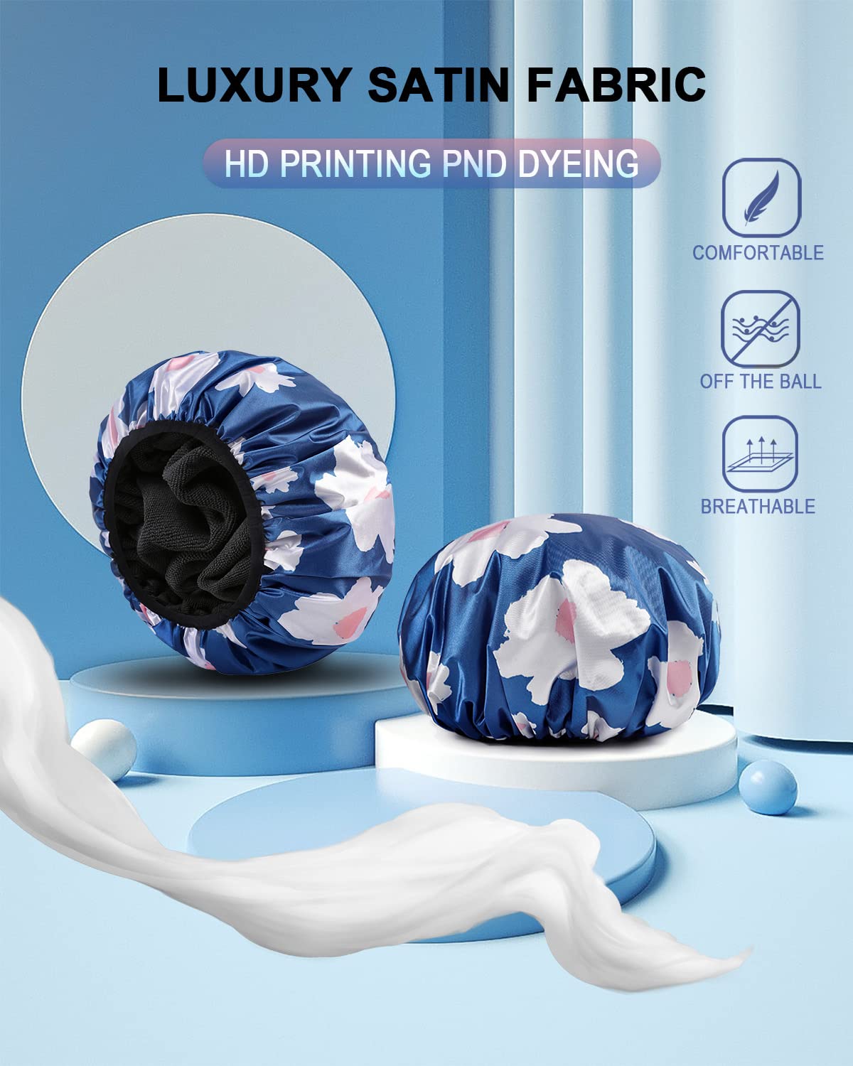 YIZIJIZI Waterproof Shower Cap - Triple Layer Design for Long Thick Hair | Reusable & Stylish (Blue)