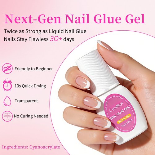 Cycullinyt Super Strong Nail Glue Gel for Press On Nail Tips: 10g No UV Lamp Needed Quick Dry Brush On Gel Glue with 10ml Remover for Nail Tips Long Lasting Fake Acrylic Nails Glue Gel