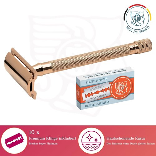 MERKUR 24G Safety Razor for Women - Extra Long Handle with 10 Double Edge Blades | Rose Gold Finish