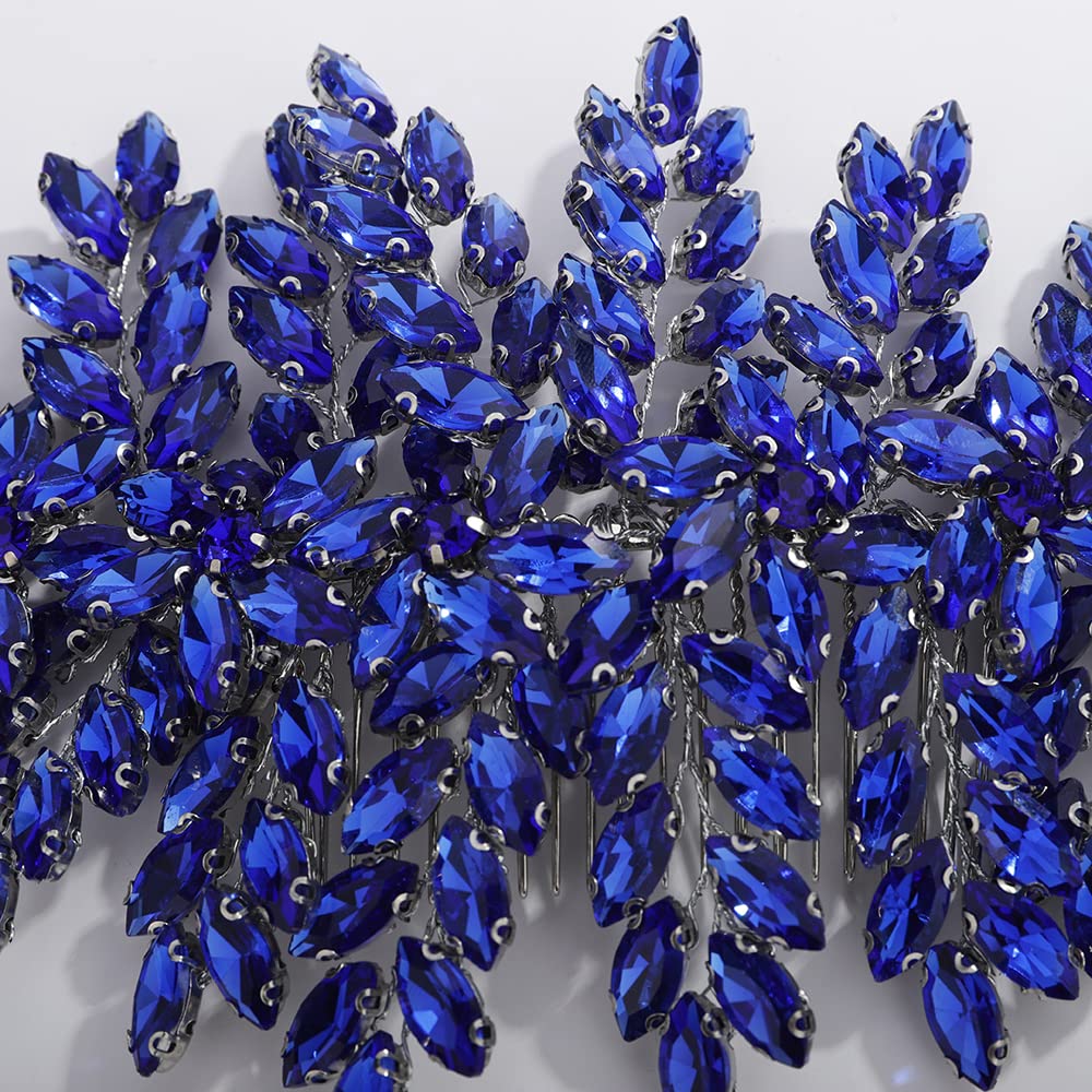 Teyglen Large Full Rhinestones Flower Bride Wedding Hair Comb Headband Luxurious Hair Accessories Dainty Blue Crystals Bridal Side Hair Combs for Women Bride Girls (Blue)