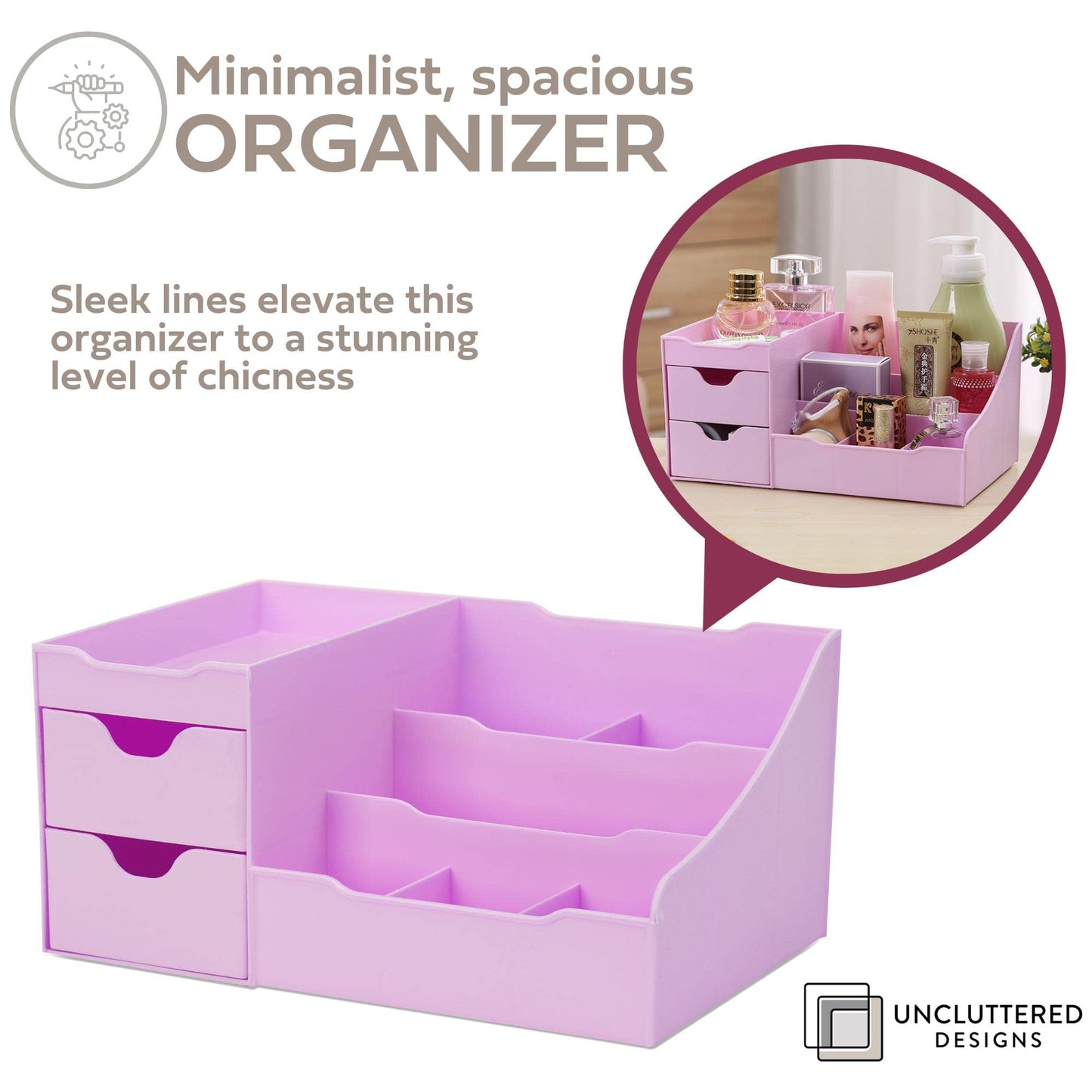 Uncluttered Designs Makeup Organizer With Drawers - Modern Countertop Storage for Cosmetics - Chic Vanity Holder for Perfume, Skincare, Brush, Lipstick, Nail Polish Organization & Display (Purple)