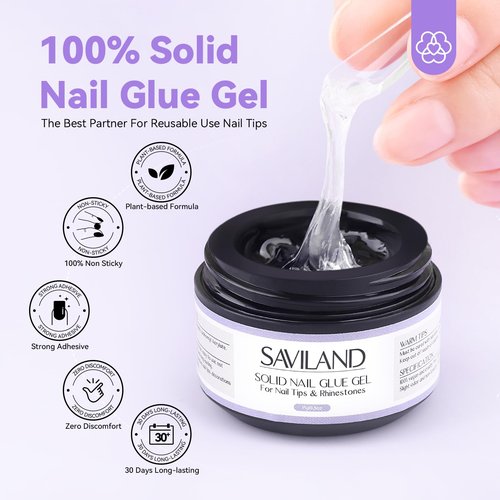 SAVILAND 30G Solid Nail Glue Gel: 2 PCS Gel Nail Glue for Acrylic Nails Strong Adhesive Solid Rhinestone Gel for Fake Nails Tips Women Home Salon DIY U V LED Lamp Cured