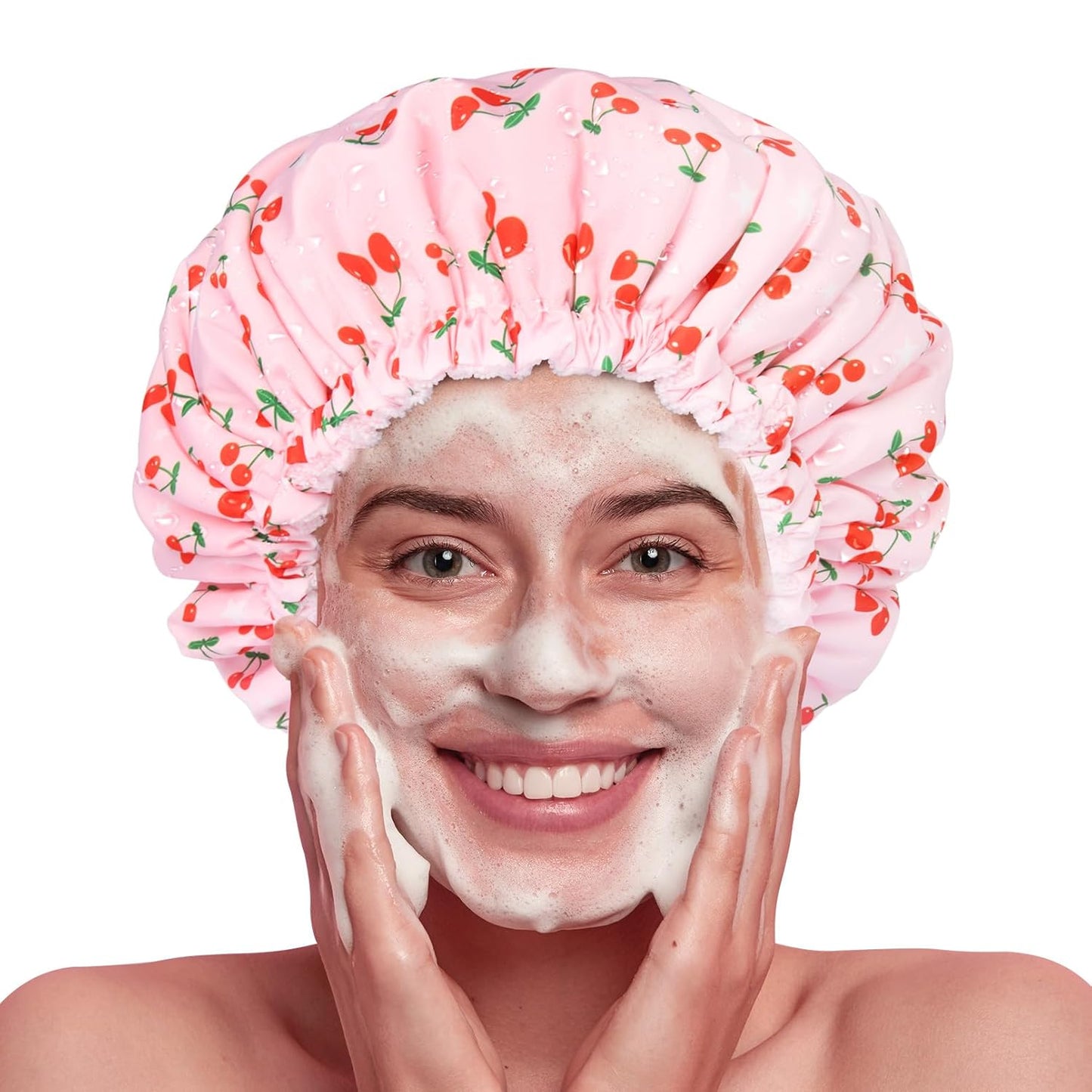 Skiennix Shower Cap - Waterproof Terry Lined Bath Cap for Long Thick Hair - Large Pink Size