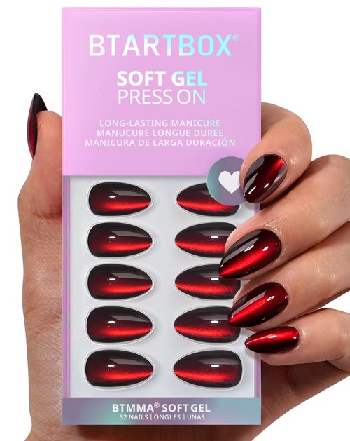 BTArtbox Press On Nails Short - Deep Red Cat Eye Almond Press On Nails with Glue for Women, Glossy Glue On Nails in 16 Sizes - 32 Stick On Nails Kit