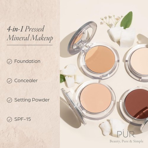 PÜR MINERALS 4-in-1 Pressed Mineral Makeup Powder Foundation - SPF 15 Compact for Medium to Full Coverage