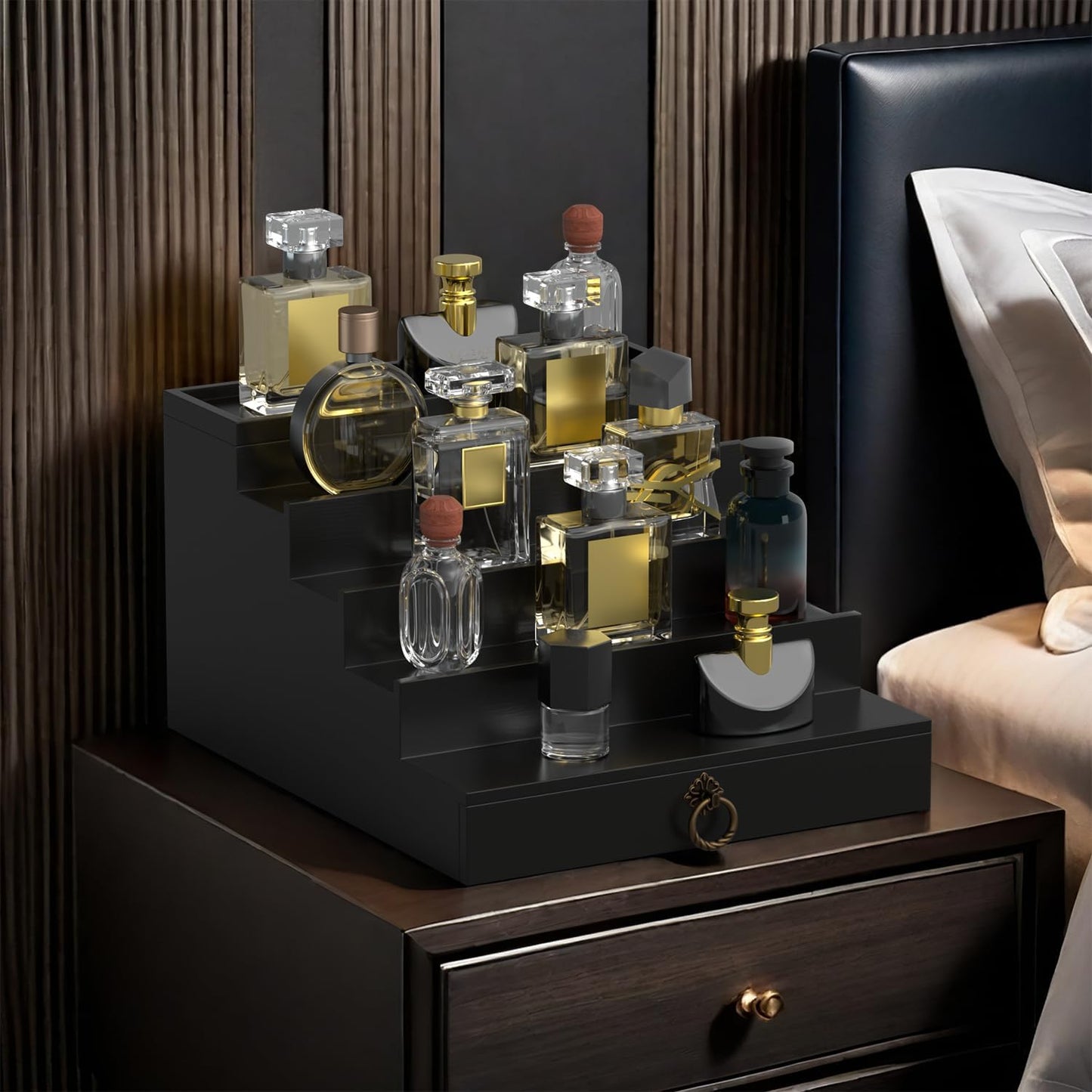 Skiennix 5-Tier Cologne Organizer - Premium Black Wood Perfume Display Stand with Drawer for Fragrance Collection