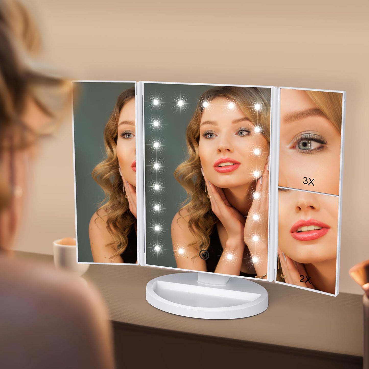 WEILY Makeup Vanity Mirror with 21 LED Lights and Touch Screen, Tri-Fold 1x 2X 3X Magnification,180° Adjustable Rotation and USB Powered,Countertop Cosmetic Mirror (White)