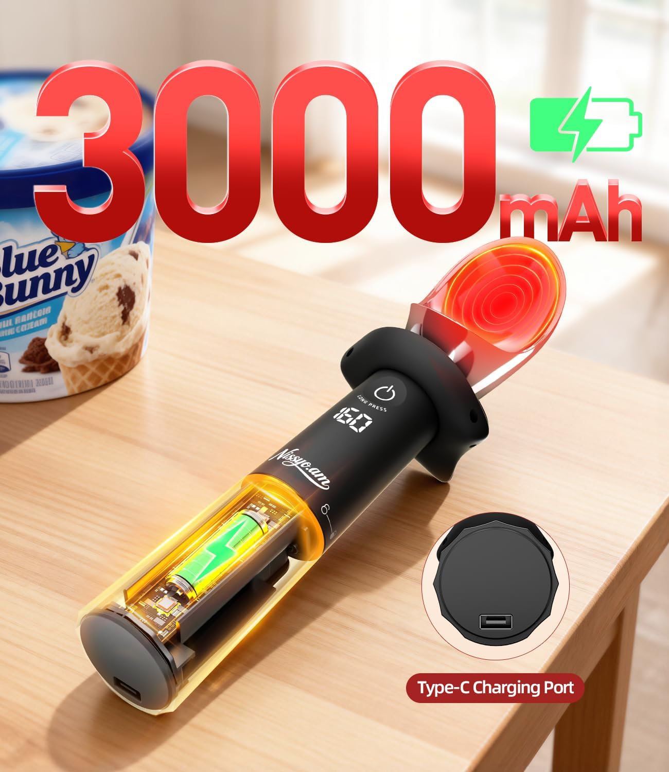 Skiennix Heated Ice Cream Scoop - Rechargeable Electric Scooper with Removable Battery & Drip-Proof Stand | IP68 Waterproof, Food-Grade Metal
