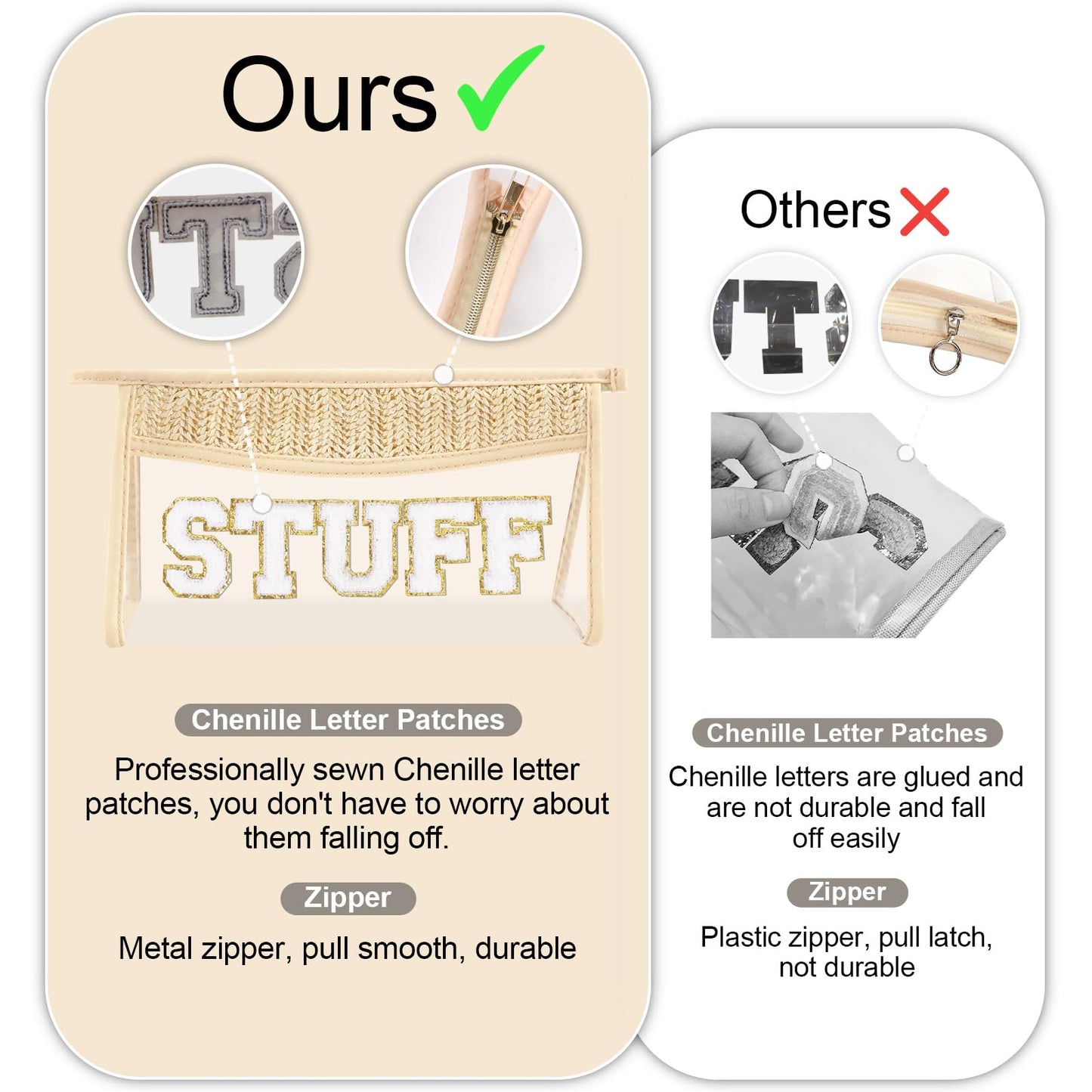 Small Boho Straw Clear Stuff Makeup Bags for Women&Girls, Zipper Cosmetic Bag Chenille Varsity Letter Patch Bag, Preppy Cute Toiletry Pouch, Trendy Organizer Storage Bag for Beach Travel Essentials