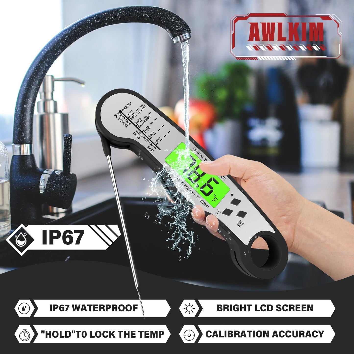 Fast Instant Read Meat Thermometer with Backlight - Waterproof Digital Food Probe for Grilling, Cooking, Baking & Candy Making - Kitchen & BBQ Essential(Black)