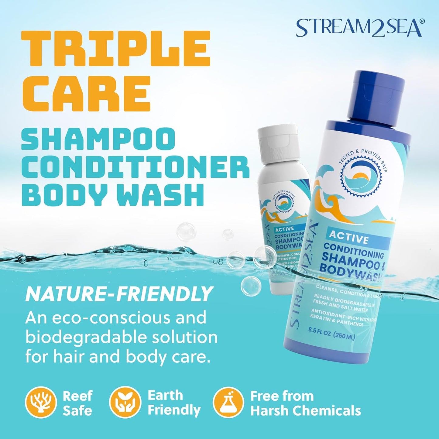 STREAM 2 SEA Shampoo & Conditioner | 3-in-1 Reef Safe Body Wash for Swimmers - 8.5 Fl Oz