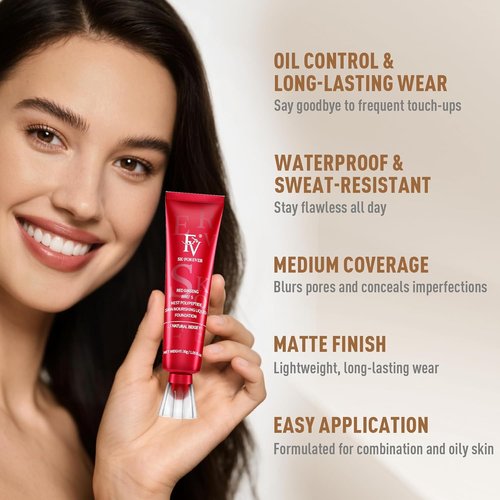 FV Waterproof Liquid Foundation - Lightweight, Oil-Free Matte Finish Makeup for Oily Skin | Natural Beige, 1.05 fl. oz.