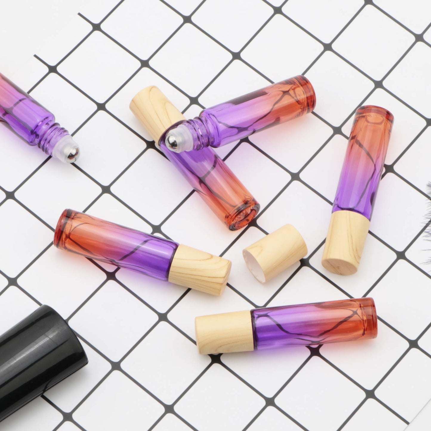 Newzoll 8 Pcs Glass Roller Bottles, 10 ml (1/3 oz) Purple Orange Gradient Roll-on Vials for Essential Oils, Perfume, Lip Balms