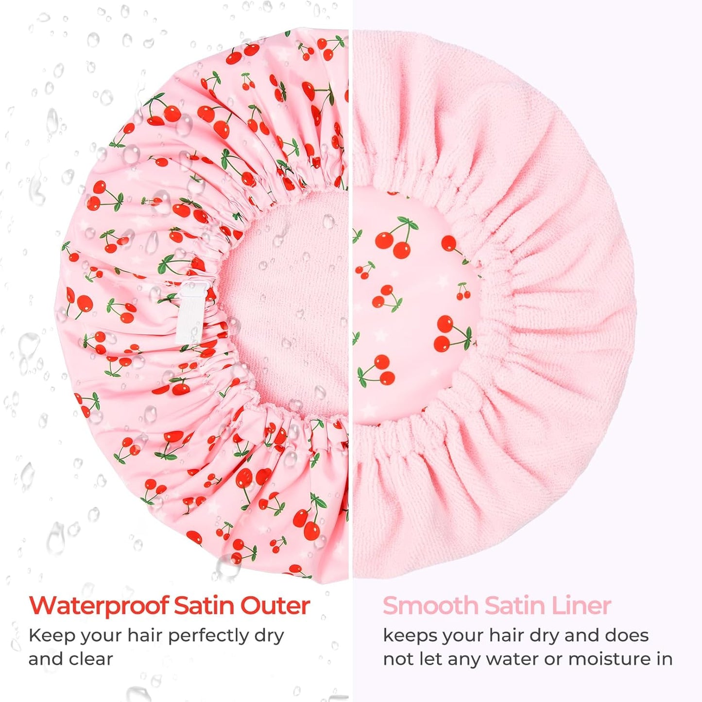 Skiennix Shower Cap - Waterproof Terry Lined Bath Cap for Long Thick Hair - Large Pink Size