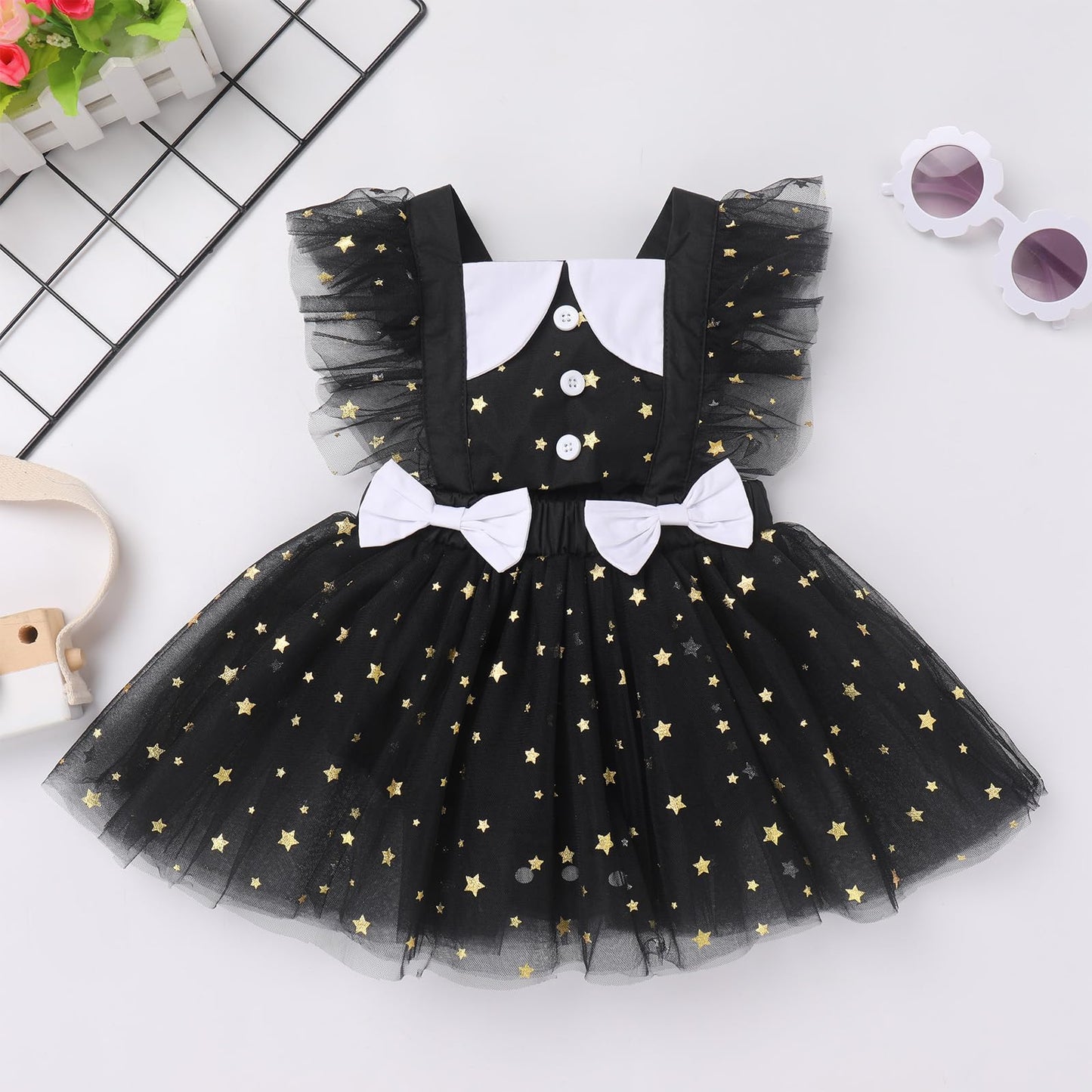 Infant Baby Girl Romper First Birthday Dress Cake Smash Outfits Toddler Cartoon Halloween Cosplay Costume Easter Baptism Christening Onesie Wedding Christmas Outfits Black Star (2PCS) 12-18 Months