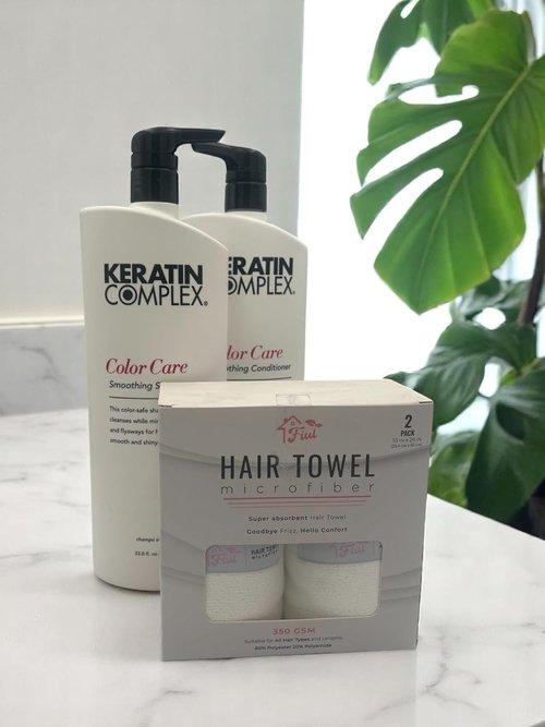 FIUL Keratin Hair Color Care Set - Smoothing Shampoo & Conditioner + Super Absorbent Microfiber Towel