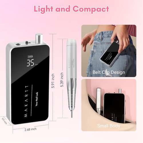 Makartt Nail Drill Professional, 35,000RPM Electric Nail File for Acrylic & Gel Removal, 60W Brushless Coreless Motor, 2-in-1 Desktop & Portable, LCD Display, Rechargeable, Quiet, F&R, Nouvella Black