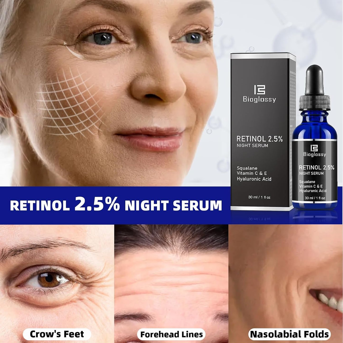 Skiennix Retinol Serum - 2.5% Intense Night Formula with Squalane, Vitamin C & E, 30 ml for Youthful Skin