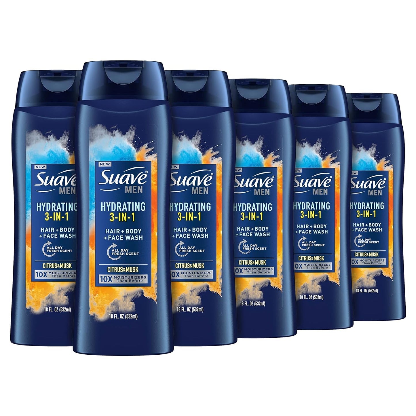 Suave Men 3-in-1 Moisturizing Body, Face & Hair Wash - Hydrating Citrus & Musk Scent, 18 Oz (Pack of 6)
