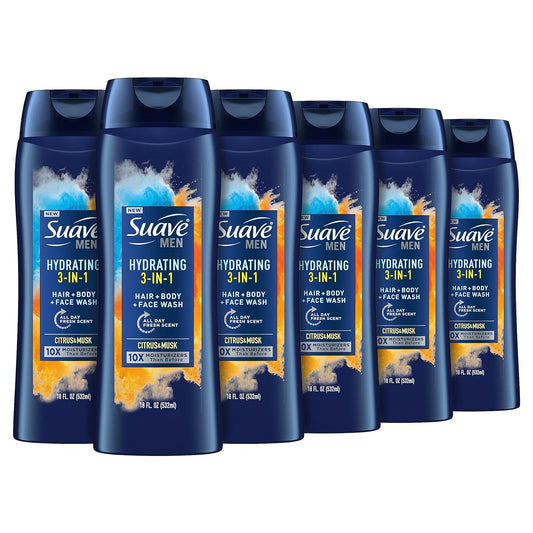 Suave Men 3-in-1 Moisturizing Body, Face & Hair Wash - Hydrating Citrus & Musk Scent, 18 Oz (Pack of 6)
