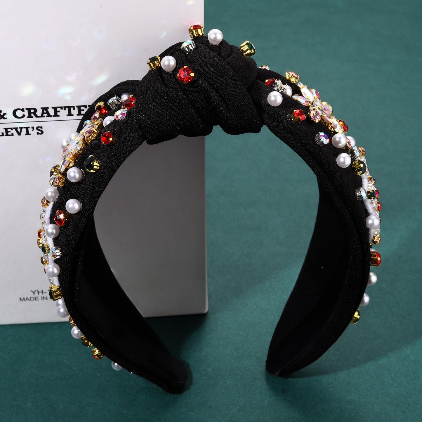 Christmas Holiday Headbands Accessories for Women Beaded Christmas Tree Headband Festive Xmas Knotted Headband Red Green Rhinestone Crystal Wide Top Knot Headband Holiday Gifts (Snowflake 2 - Black)