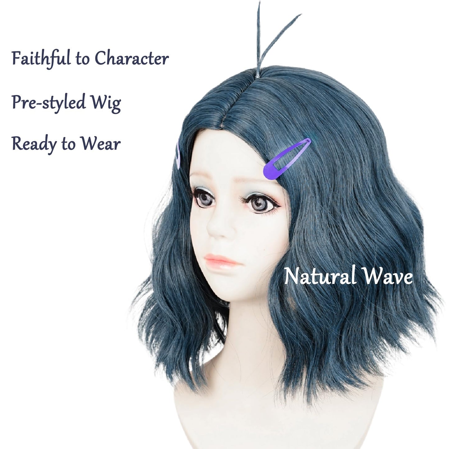 Kids Deep Blue Wavy Wig, Center Parting & 2 Purple Hair Clips - Perfect for Halloween Themed Parties Envy Cosplay