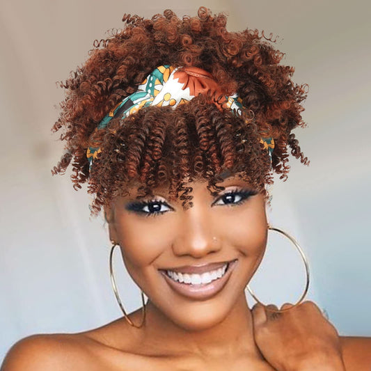 LEOSA Ombre Headband Wig Afro Kinky Headband Wig with Bangs for Women Synthetic Afro Kinky Curly Hair Wig with Headband Attached Short Kinky Curly Headband Wig Afro High Puff with Bangs Wigs