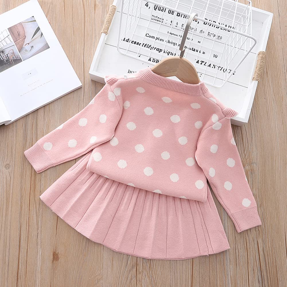 Girls Autumn Winter Fall Clothes Knit Long Sleeve Ruffle Sweater Top+Pleated Mini Tutu Skirt 2pcs Outfit for Kids Princess Casual Playwear Homewear Clothing Set Pink-Polka Dots 18-24 Months