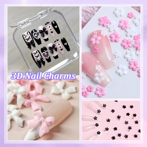 3D Bow Nail Charms and Gems, Pink Black Bows Flower Nail Art Charms Alloy Bows for Nails, Mixed Nail Gems Rhinestones Bowknots Caviar Beads Charms for Nails DIY Nail Art Accessories