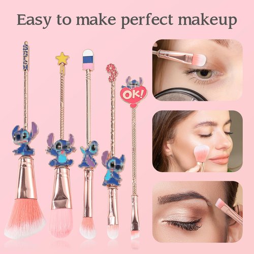 5Pcs Stich Theme Cosmetic Brushes Set, Stich Makeup Brushes Set, Stich Stuff for Young Girl Women- 5pcs Pink