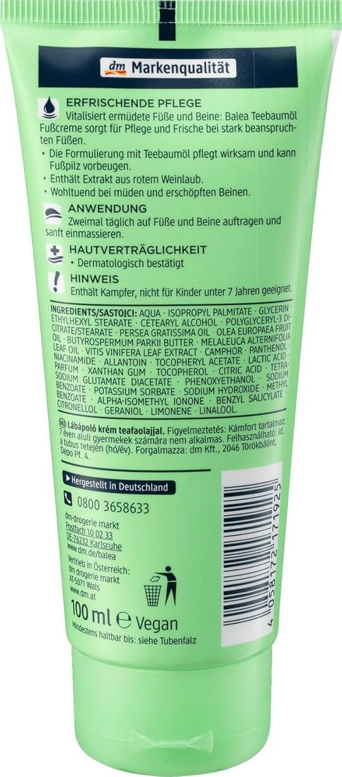 Balea Foot Cream - Tea Tree & Vine Leaf Extract for Soft Skin | Pack of 2, Made in Germany