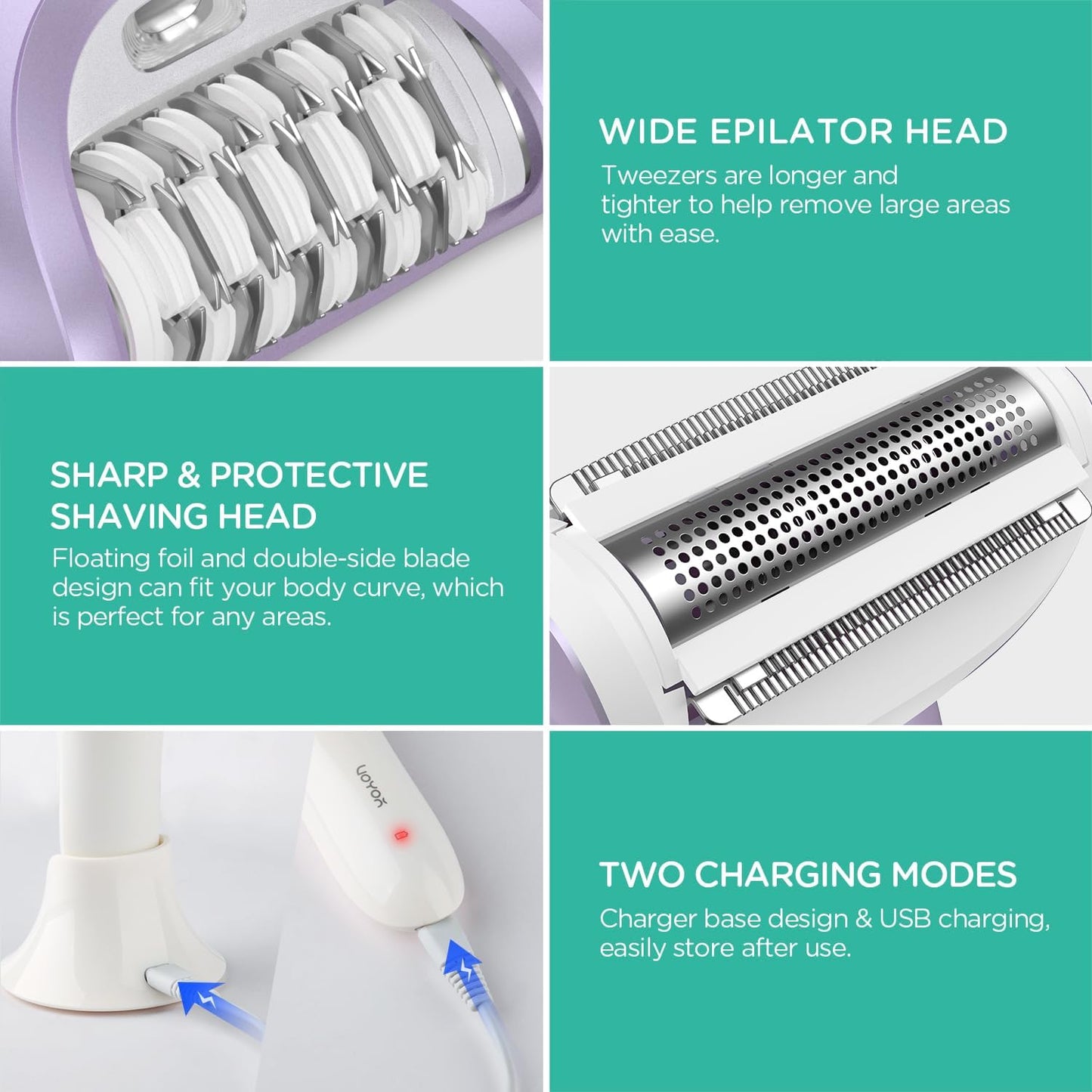 VOYOR Epilator for Women - Cordless 3-in-1 Hair Removal Device with 30 Tweezers | Rechargeable Wet & Dry Shaver (Purple)