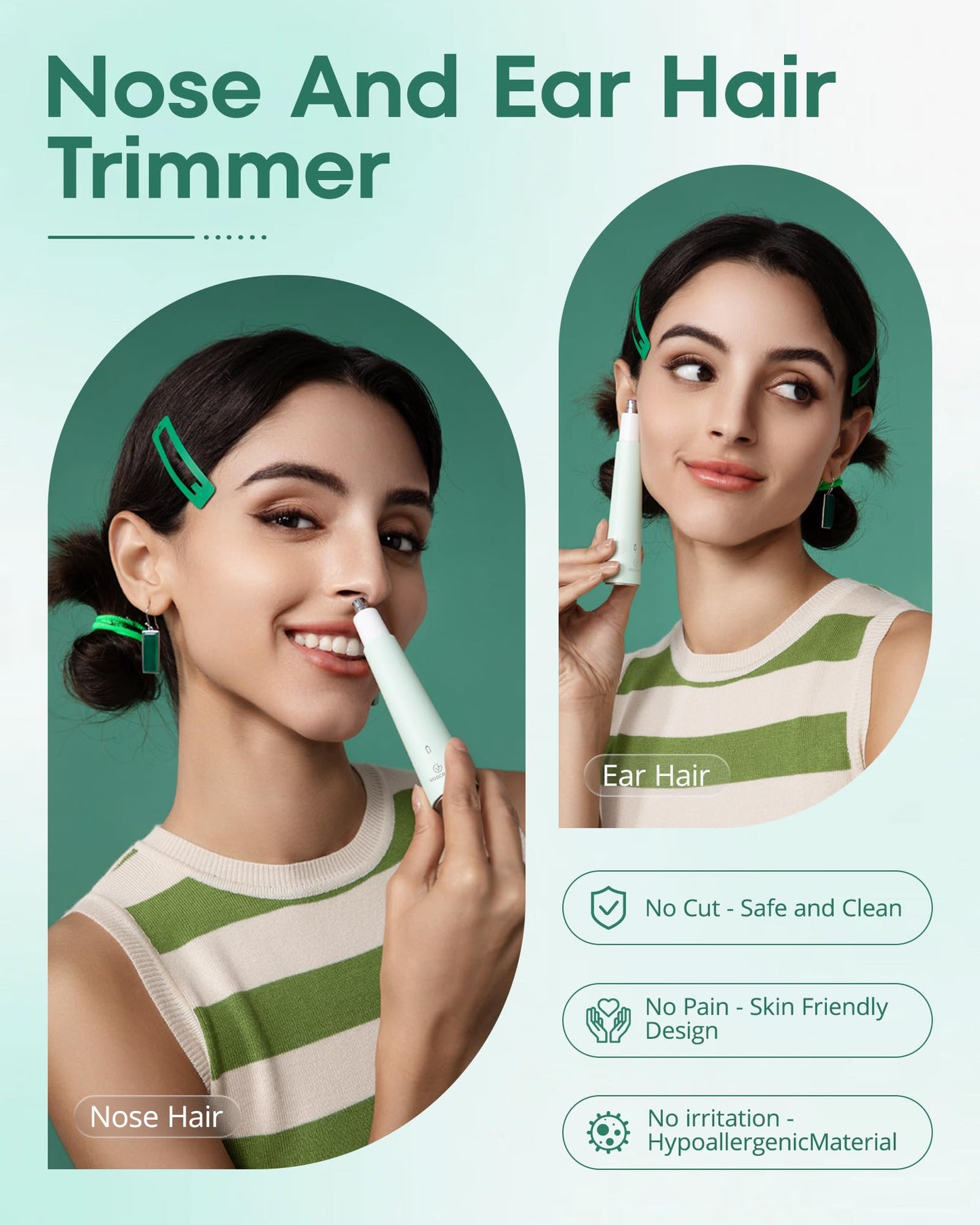 VG VOGCREST Nose Hair Trimmer for Women: Rechargeable 2 in 1 Ear Eyebrow Trimmer (Green)