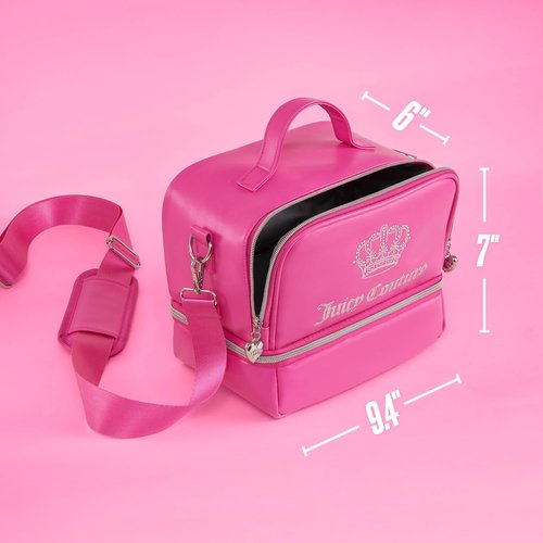 Juicy Couture Double Zip Lunch Tote Bag - Insulated Cooler with Adjustable Strap | Hot Pink Bling Crown Design