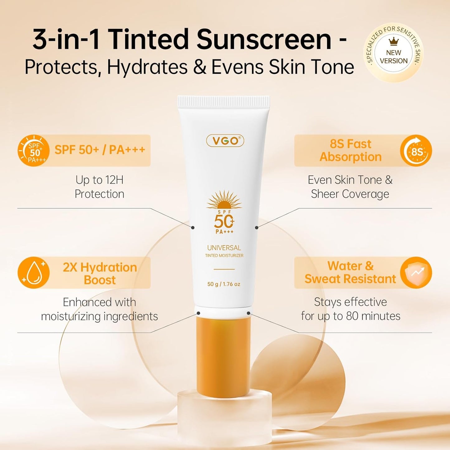 VGO Tinted Sunscreen SPF 50 - Moisturizing Face Sunscreen for Women | Oil-Free, Sweat Resistant, 1.76oz