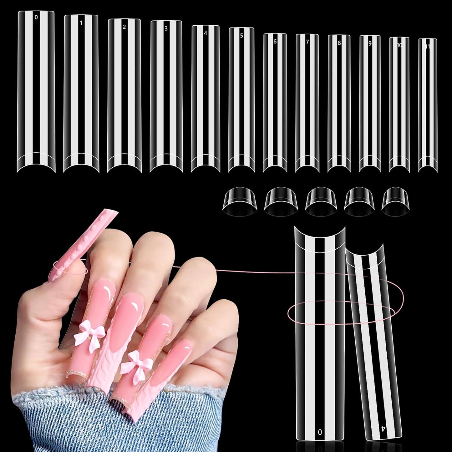 Skiennix 504 PCS No C Curve Clear Nail Tips - 3XL Extra Long Half Cover Tapered Square for DIY & Salons