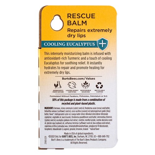 Burt's Bees Natural Rescue Lip Balm - Healing Beeswax & Antioxidant Turmeric - Eucalyptus Bundle, 6 Tubes (0.15 oz Each)