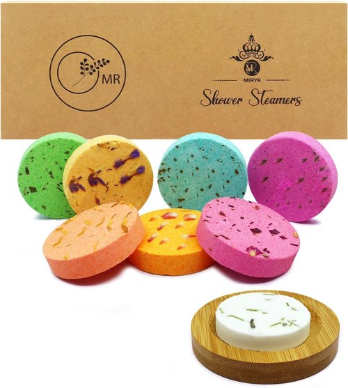 Shower Steamers Aromatherapy - 8 Pack Organic Shower Bombs with Shower Steamer Tray/Holder, Natural Essential Oil Self Care Relaxation, Birthday/Home Spa Relief, Gifts for Women, Wife, Her, Mom