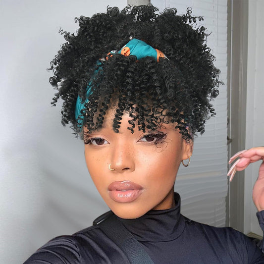 LEOSA Black Afro Curly Headband Wig with Bangs Short Afro Headband Wigs for Black Women Scarf Wigs Black Wig with Headband Attached Headwrap Wigs Natural Wig Headbands for Kinky Curly Hair Wigs