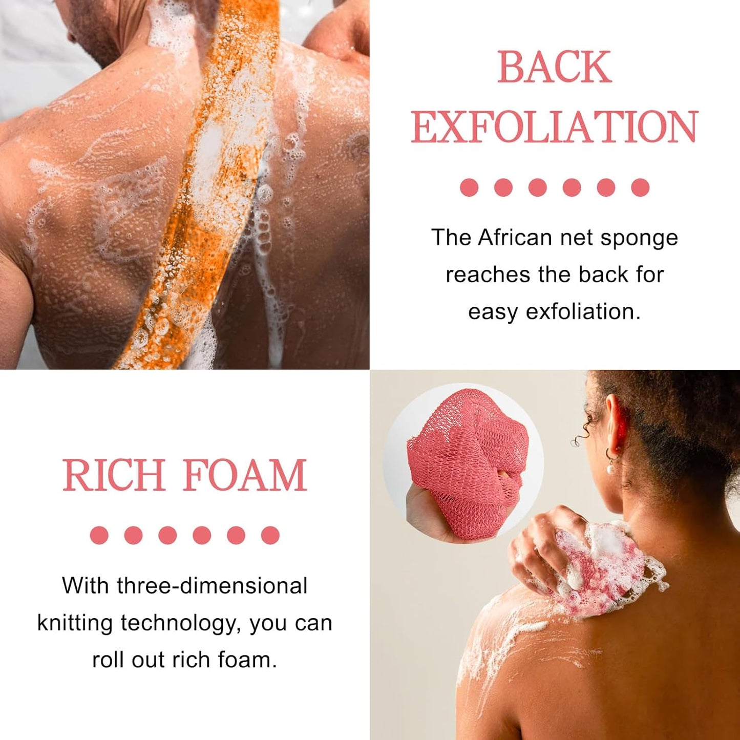 Skiennix African Net Sponge - Long Nylon Exfoliating Bath Washcloth for Deep Clean | 63-Inch Stretch (Pink, Orange)