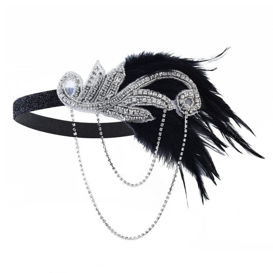 1920s Vintage Flapper Headbands Crystal Headpiece Ostrich Feather Hair Band for Women Girls Prom Party Festival Gatsby Hair Jewelry (A-Silver)