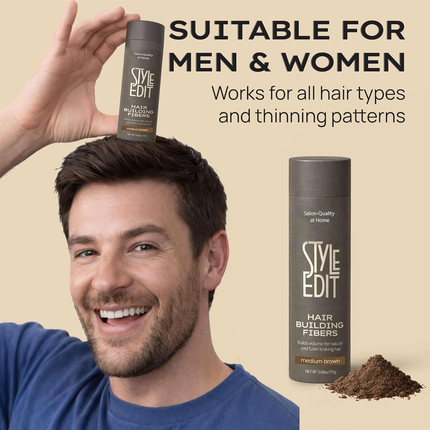 Style Edit Hair Building Fibers - Conceal Thinning Hair & Bald Spots | 100% Plant-Based, Medium Brown 0.88oz