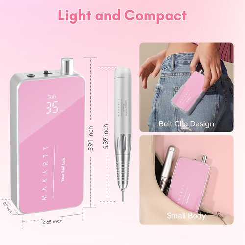 Makartt Nail Drill Professional, 35,000RPM Rechargeable Electric Nail File for Acrylic & Gel Removal, 60W Brushless Motor, 2-in-1 Desktop & Portable, LCD Display, for Home & Salon Use, Nouvella Pink