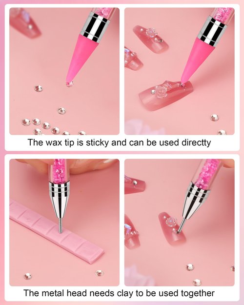 Rhinestone Picker Tool Set,Rhinestone Applicator Tool,Rhinestone Picker Dotting With 4 Extra Pink Replaceable Wax Head and 2 Tweezer (Pink A)