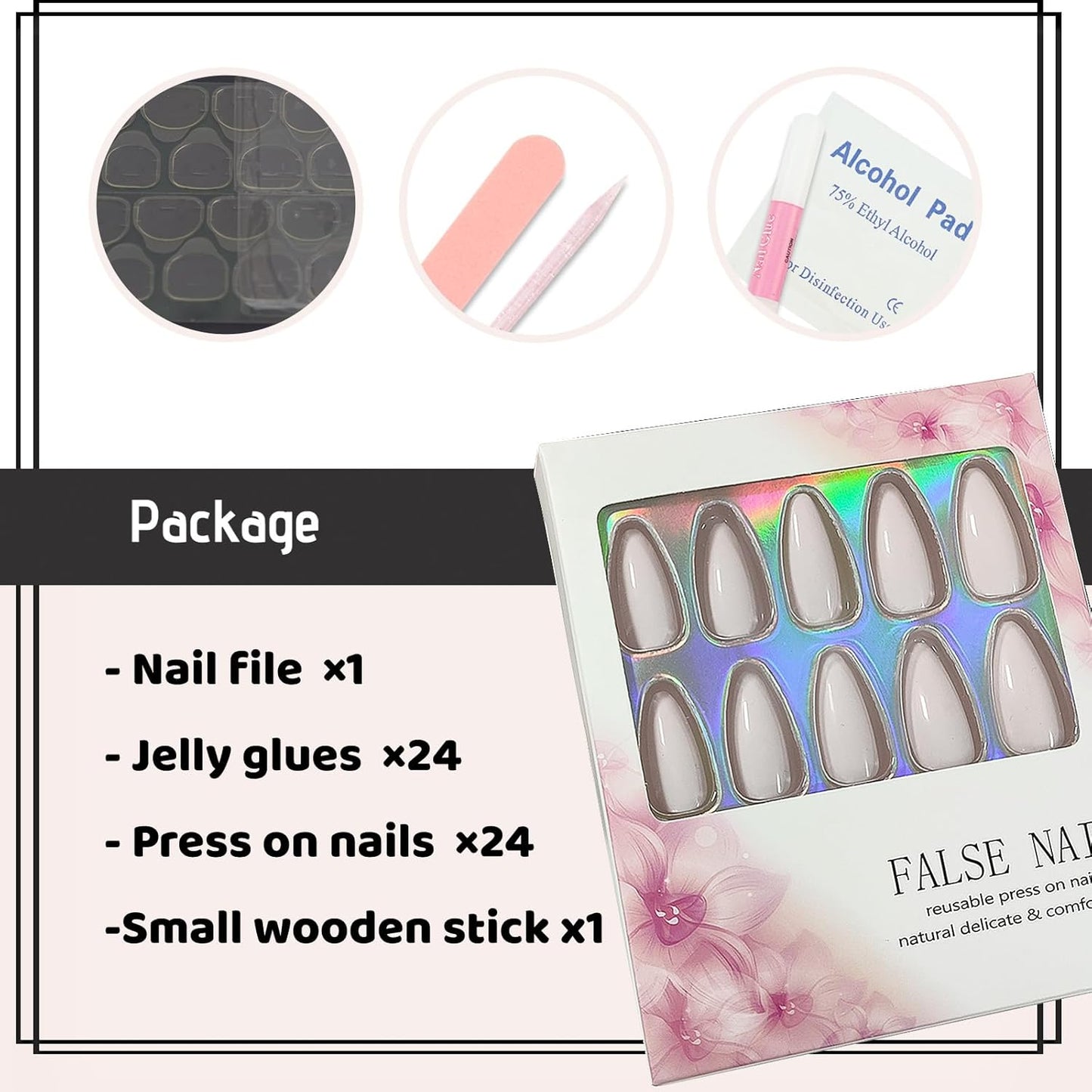 Skiennix Cream White Press-On Nails - Medium Almond Glossy Acrylic Fake Nails for Women