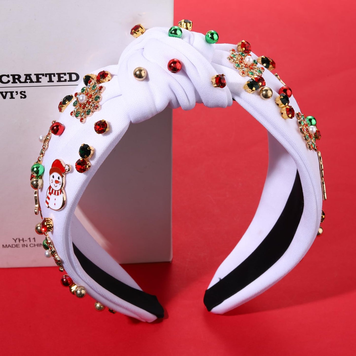 PHALIN Christmas Holiday Headband for Women Christmas Accessories Reindeer Snowflake Candy Cane Knotted Headband Red Green Beaded Rhinestone Pearl Wide Top Knot Headband Xmas Plaid Hairband (Snowman)