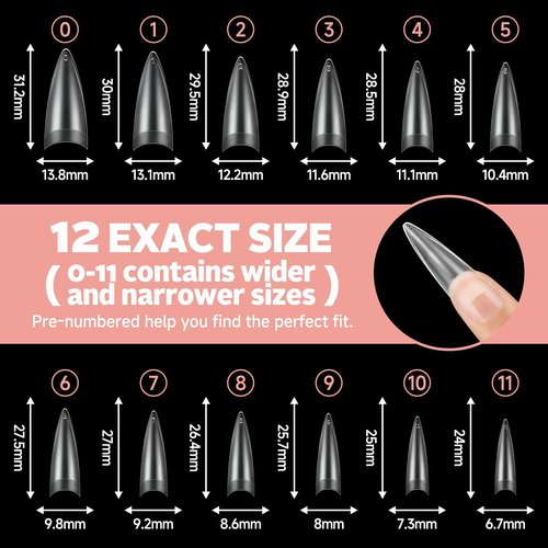 UNA GELLA Clear Stiletto Nails Tips Half Cover Stiletto Gel Nail Tips 216pcs Almond Shape False Acrylic Nail Tips for Faster Gel Nail Extension DIY Art Salon Press On Nails 12 Sizes